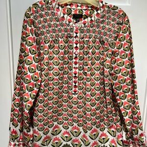 Talbots Pink and Green Floral Smocked popover Blouse